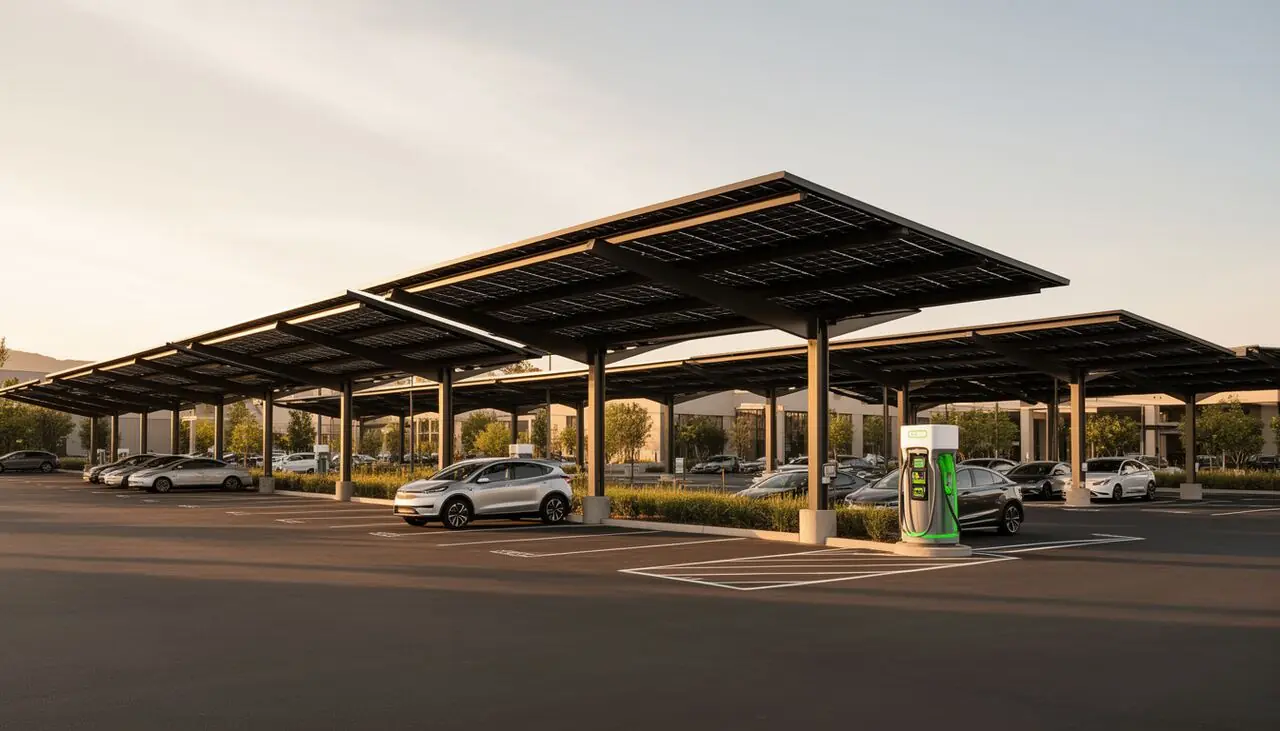 Solar carport canopies over a parking lot with an EV charging