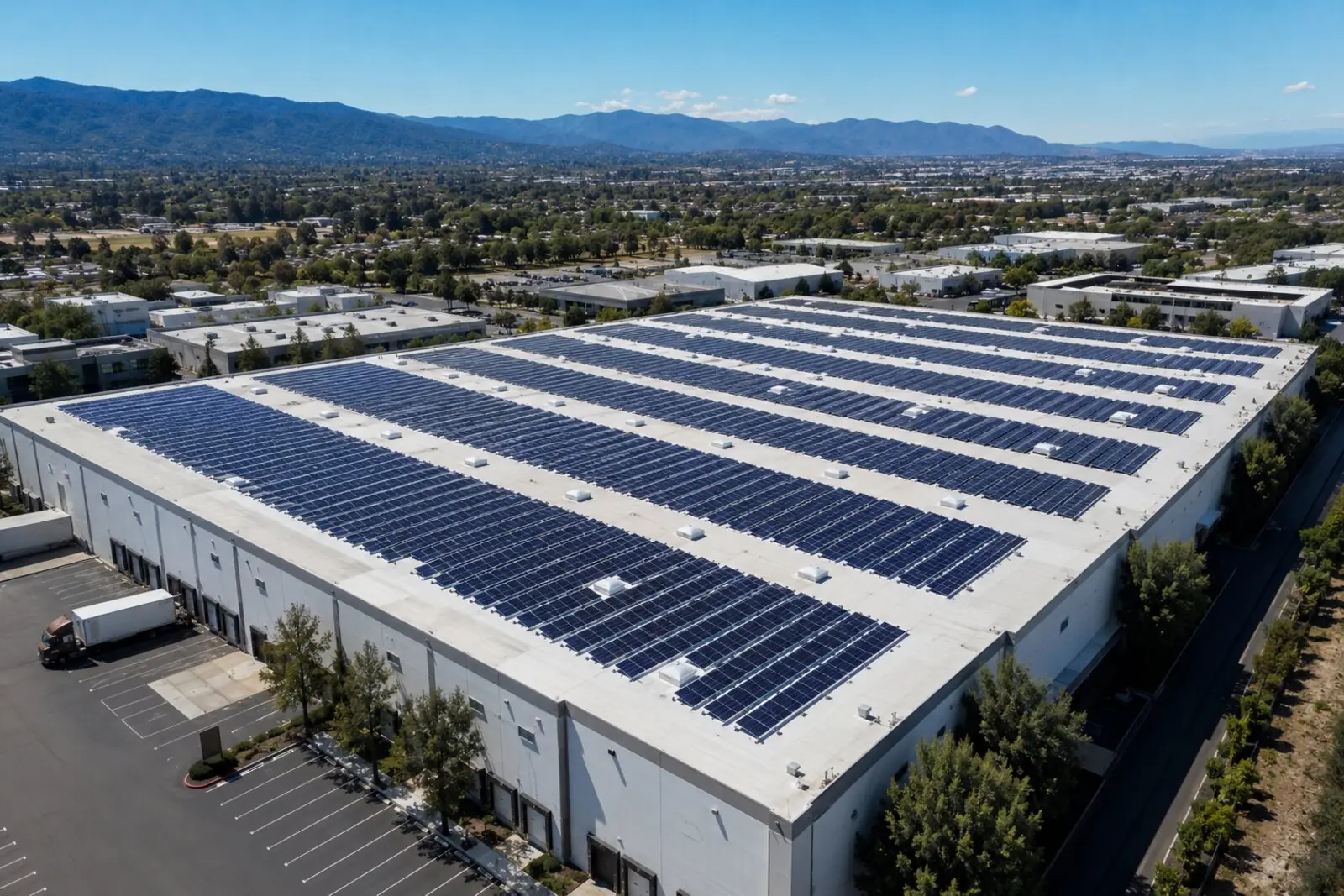 Commercial warehouse with a large, neatly aligned rooftop solar array