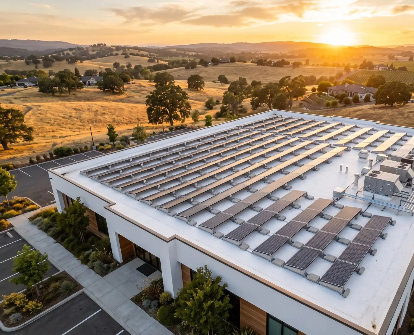 Ballasted tilt-rack solar array on a white flat commercial roof