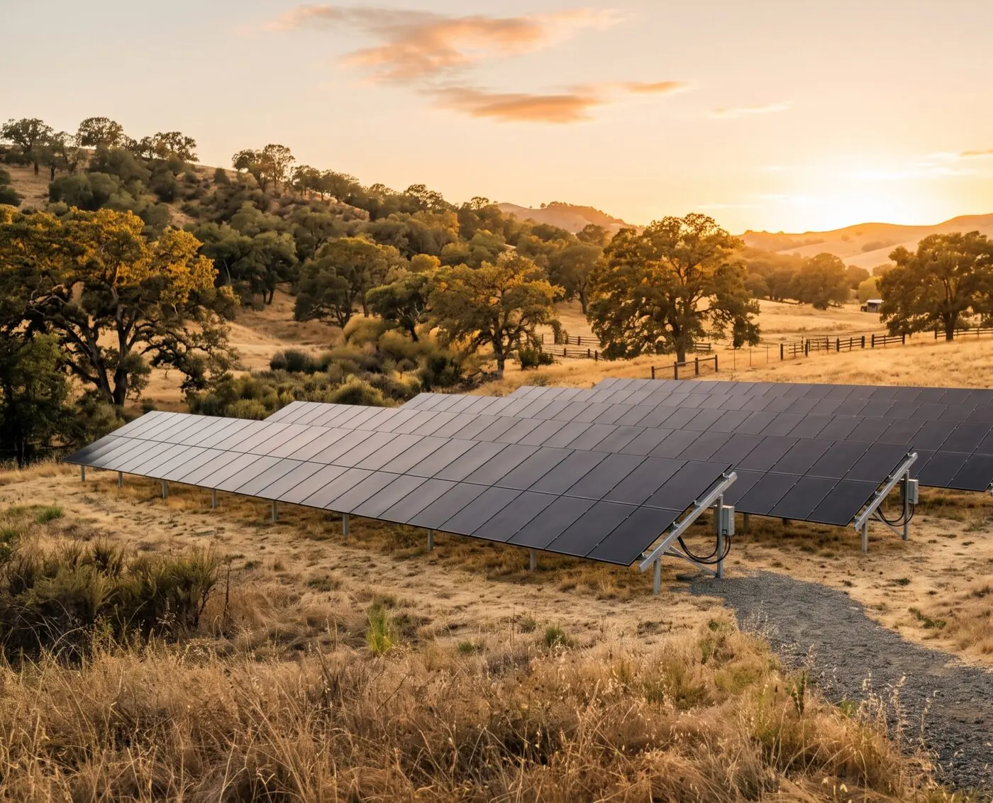 Ground-mounted residential solar array in a California field at golden hour