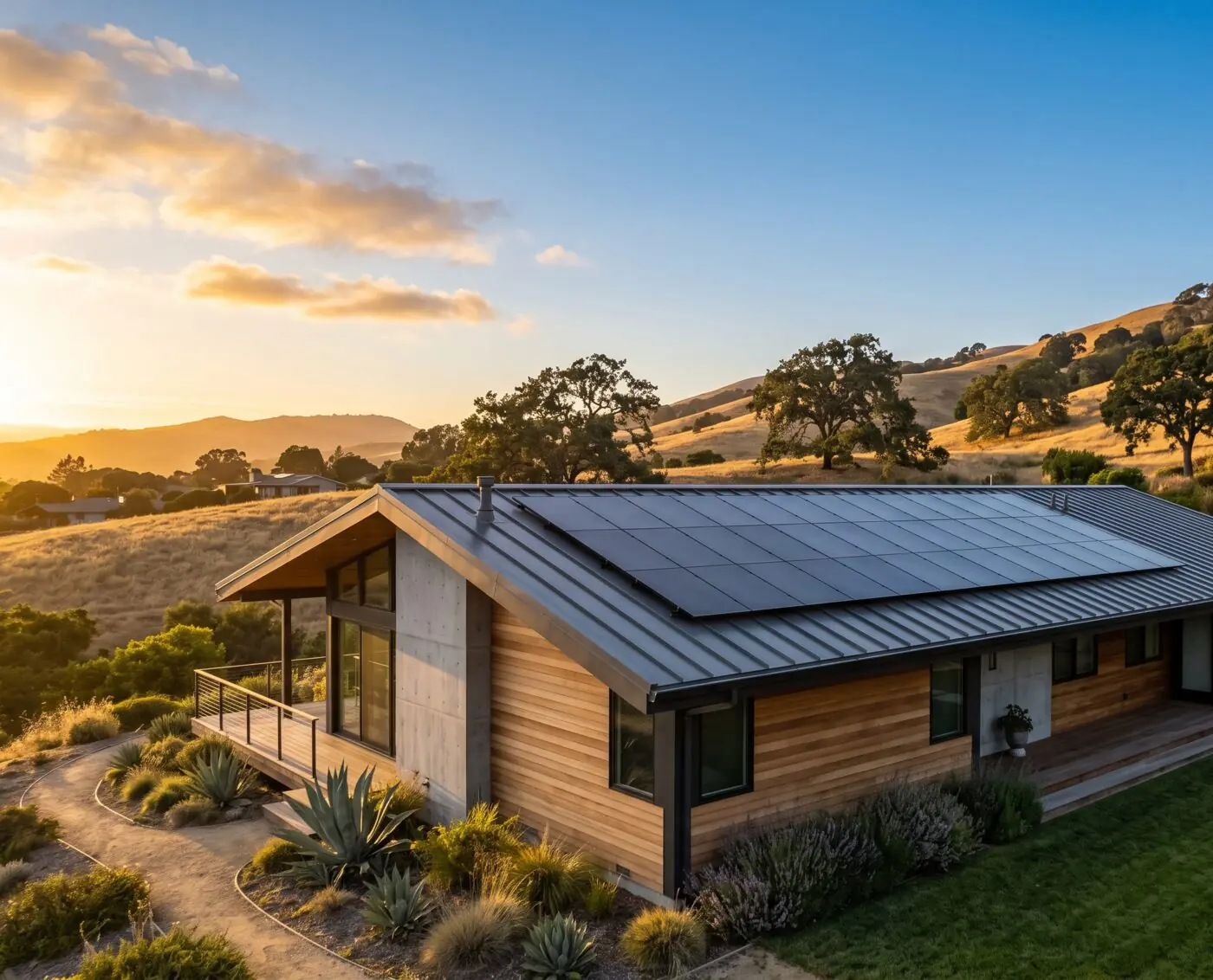 Black solar panels flush-mounted on a modern standing-seam metal roof