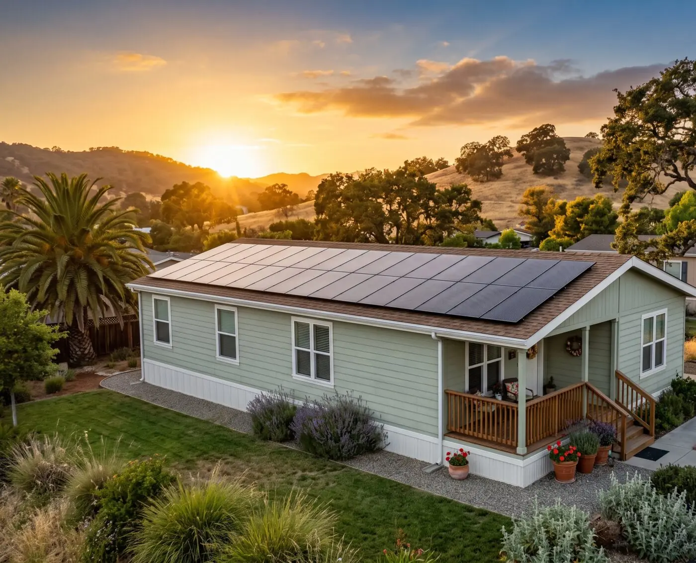 Solar panels on a California manufactured home at sunset