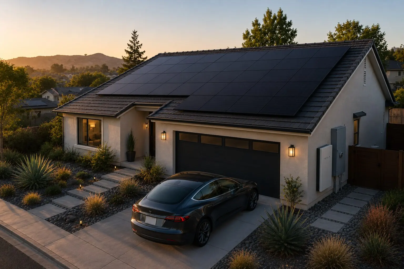 Modern California home at dusk with a full rooftop solar array and a wall-mounted Tesla Powerwall