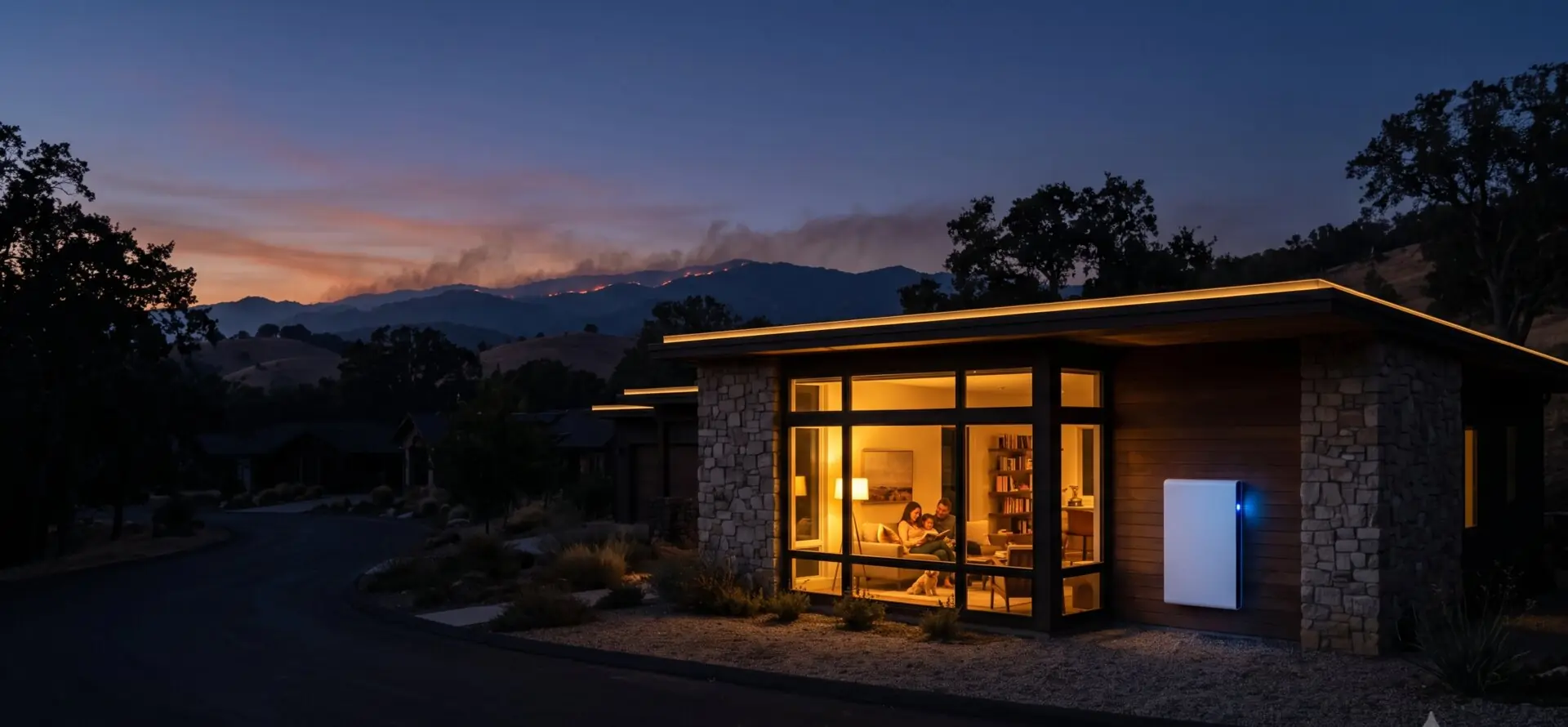A foothill home stays safely powered by a home battery during a nearby wildfire