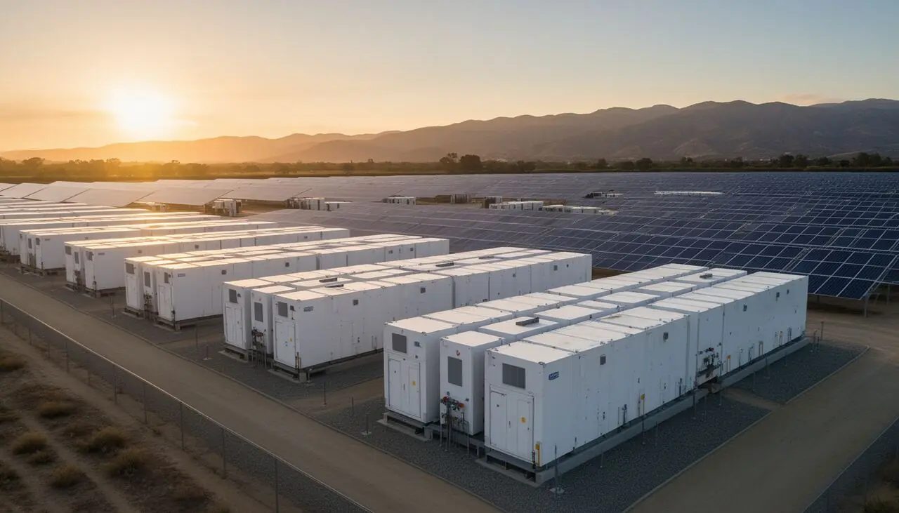 Rows of utility-scale battery storage beside a solar farm at golden hour